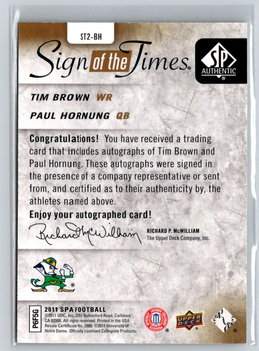 2010 SP Authentic Paul Hornung /Tim Brown Sign of the Times Dual Auto #/15 C9