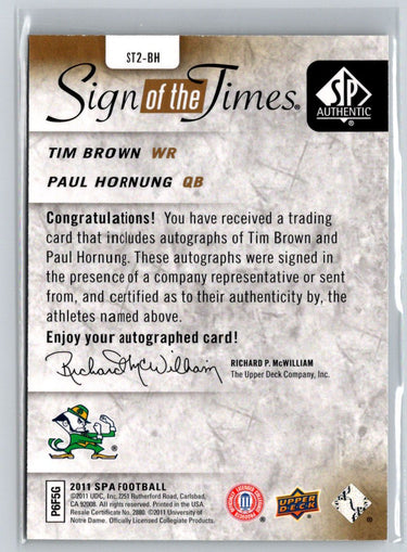 2010 SP Authentic Paul Hornung /Tim Brown Sign of the Times Dual Auto #/15 C9
