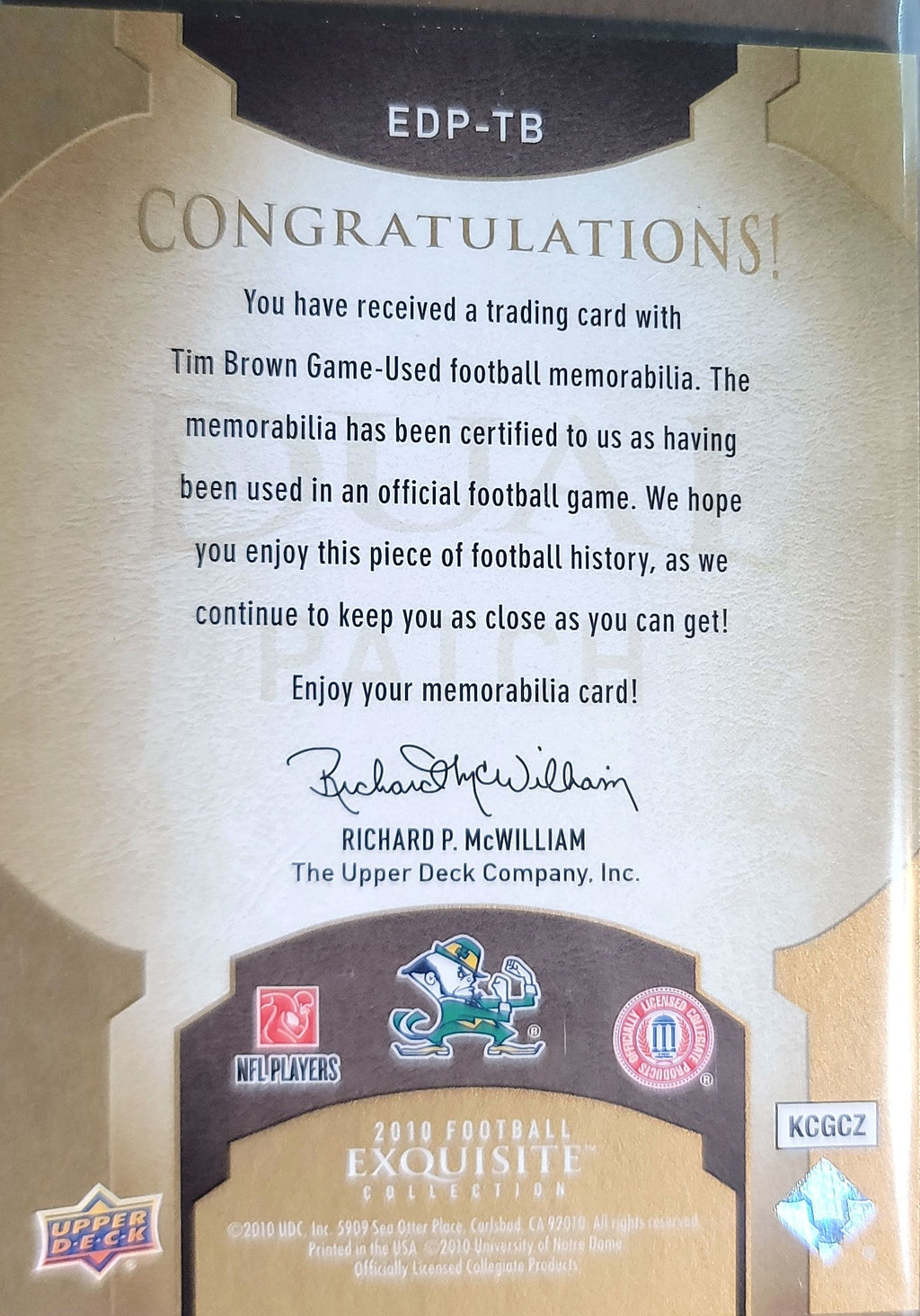 2010 Upper Deck Exquisite Collection Tim Brown Single Player Dual Patch #/25 D3