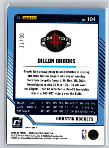 2024-25 Donruss Optic #194 Dillon Brooks Purple Velocity #/12 E1