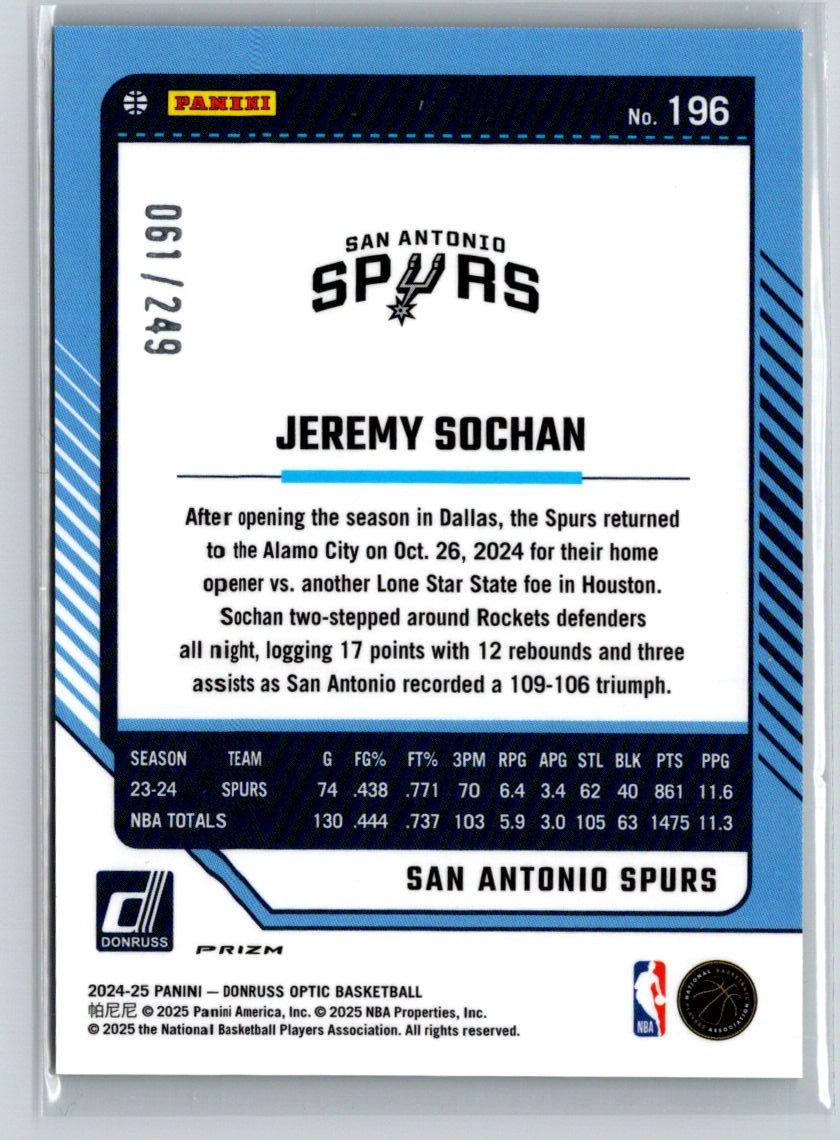 2024-25 Donruss Optic #196 Jeremy Sochan Hyper Green #/249 E4