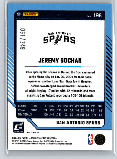 2024-25 Donruss Optic #196 Jeremy Sochan Hyper Green #/249 E4