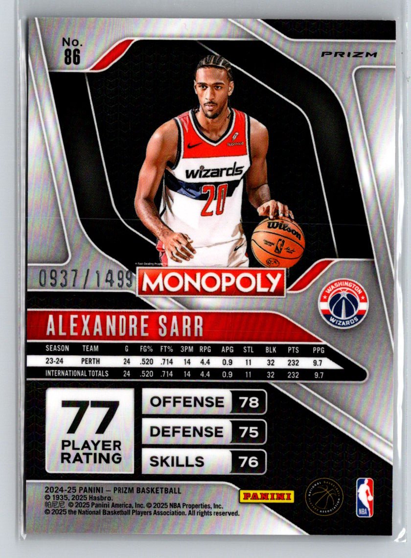 2024-25 Panini Prizm Monopoly #86 Alexandre Sarr Millionaire #/1499 E7