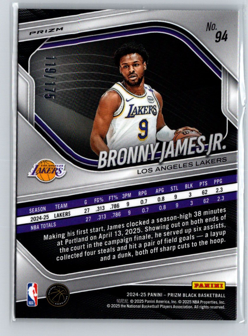 2024-25 Panini Prizm Black #94 Bronny James Jr. White #/175 E7