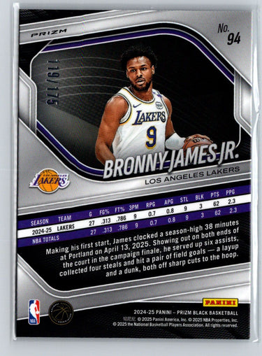2024-25 Panini Prizm Black #94 Bronny James Jr. White #/175 E7