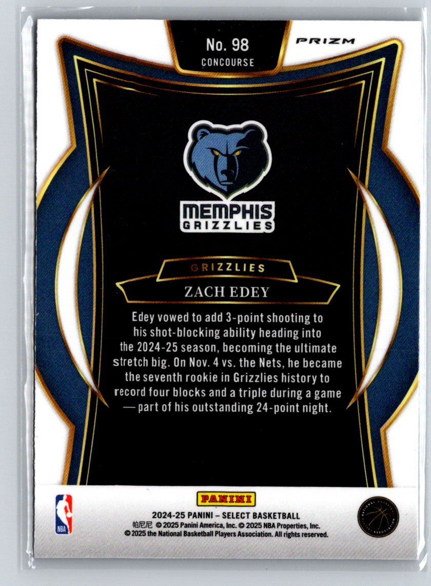 2024-25 Panini Select #98 Zach Edey Blue Cracked Ice Prizm E8