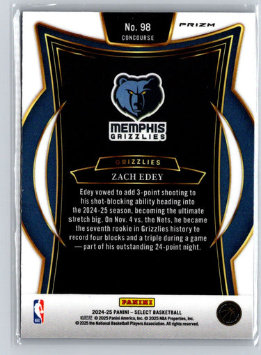 2024-25 Panini Select #98 Zach Edey Blue Cracked Ice Prizm E8