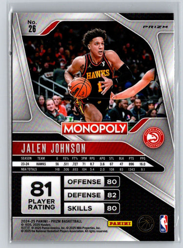 2024-25 Panini Prizm Monopoly #26 Jalen Johnson Dice Prizms E9