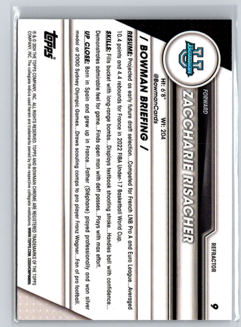 2023-24 Bowman University Chrome #9 Zaccharie Risacher Refractor E10