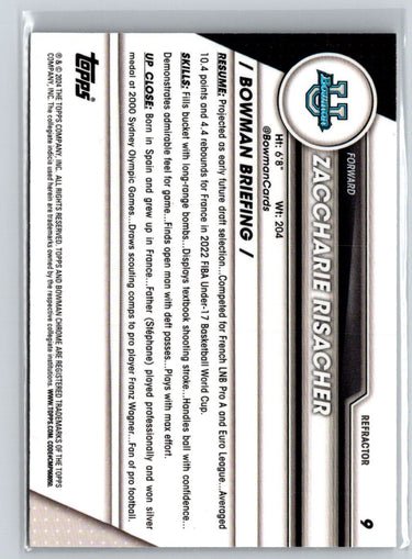 2023-24 Bowman University Chrome #9 Zaccharie Risacher Refractor E10