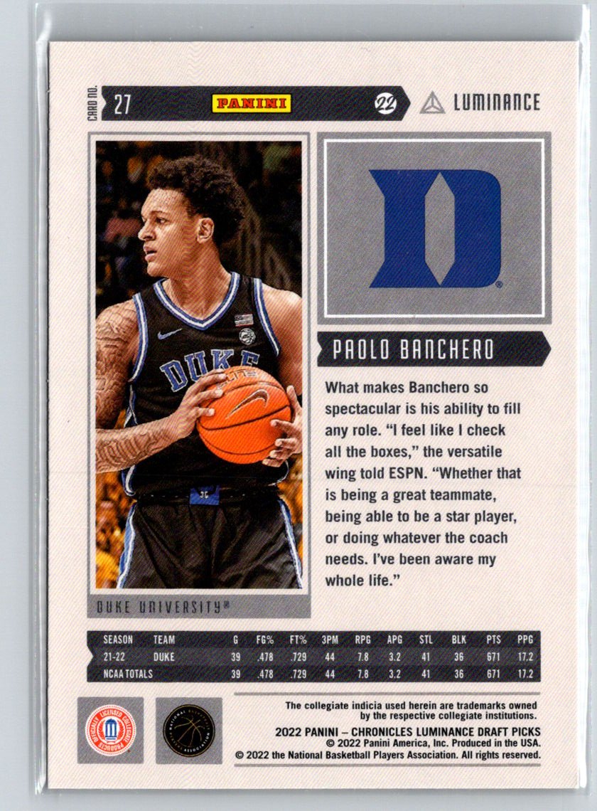 2022 Panini Chronicles Draft Picks #27 Paolo Banchero Luminance E11