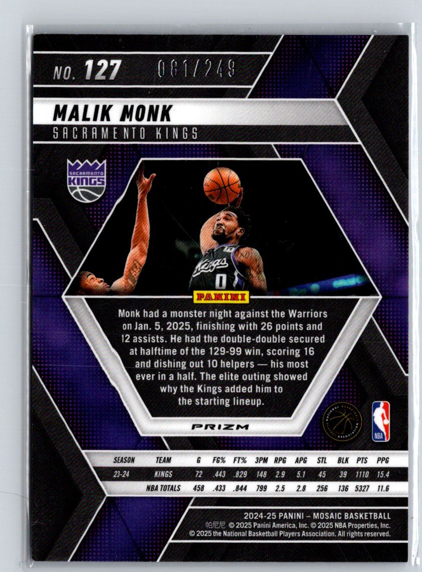 2024-25 Panini Mosaic #127 Malik Monk Purple Fluorescent Mosaic #/249 E14