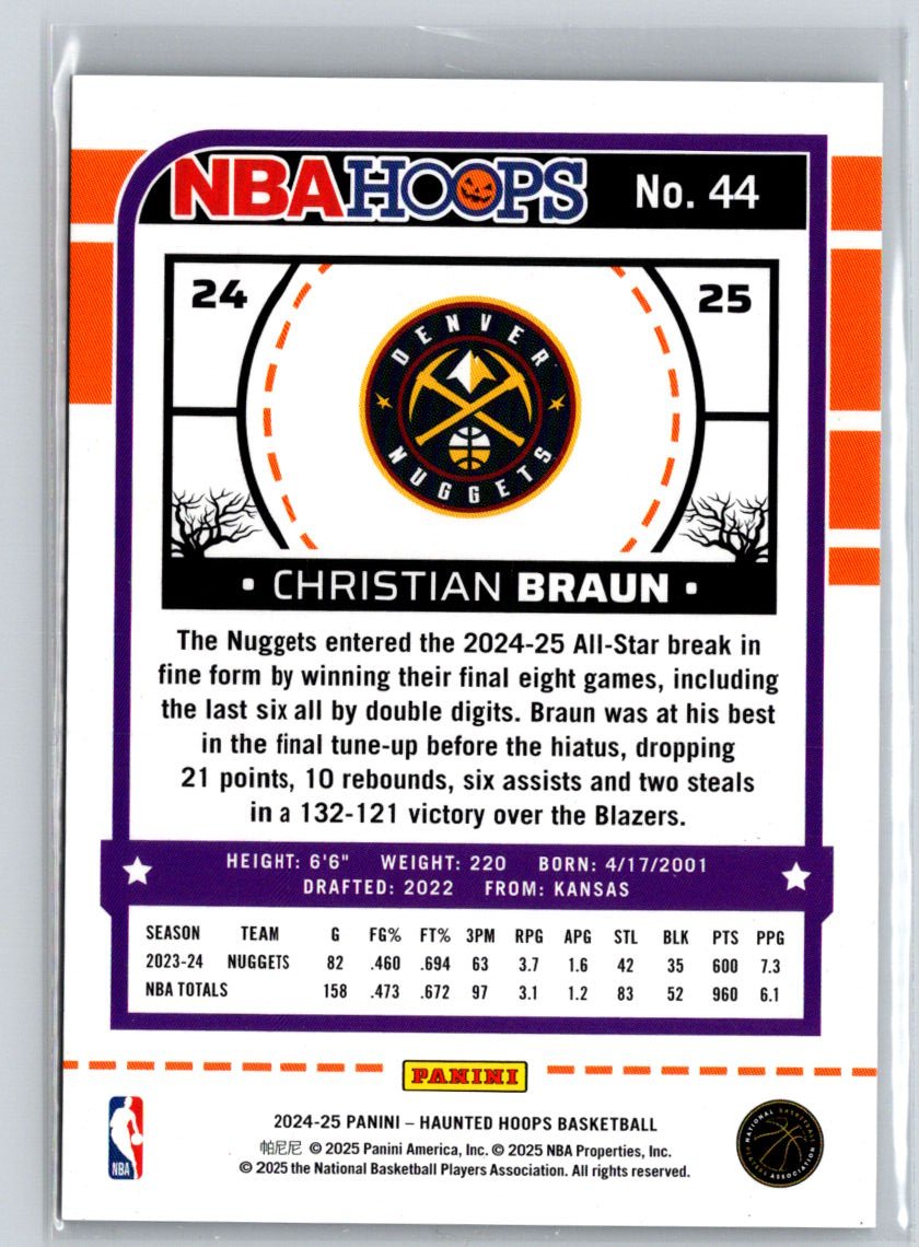 2024-25 Hoops Haunted Hoops #44 Christian Braun Holo Trick-Or-Treat #/99 E14