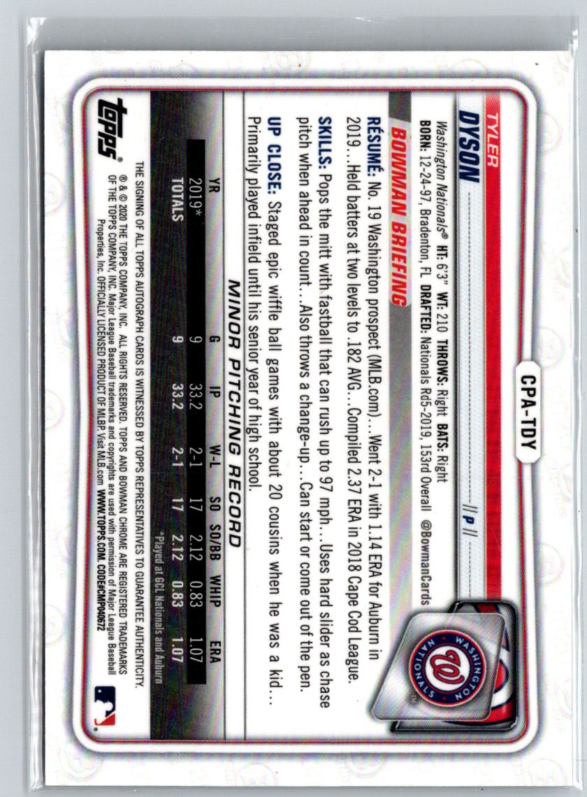 2020 Bowman Chrome #CPA-TDY Tyler Dyson Prospect Autographs E15