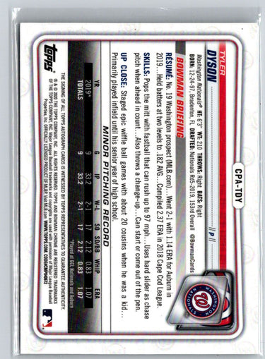 2020 Bowman Chrome #CPA-TDY Tyler Dyson Prospect Autographs E15