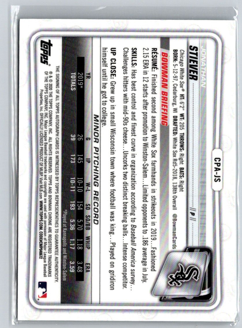 2020 Bowman Chrome #CPA-JS Jonathan Stiever Prospect Autographs E15