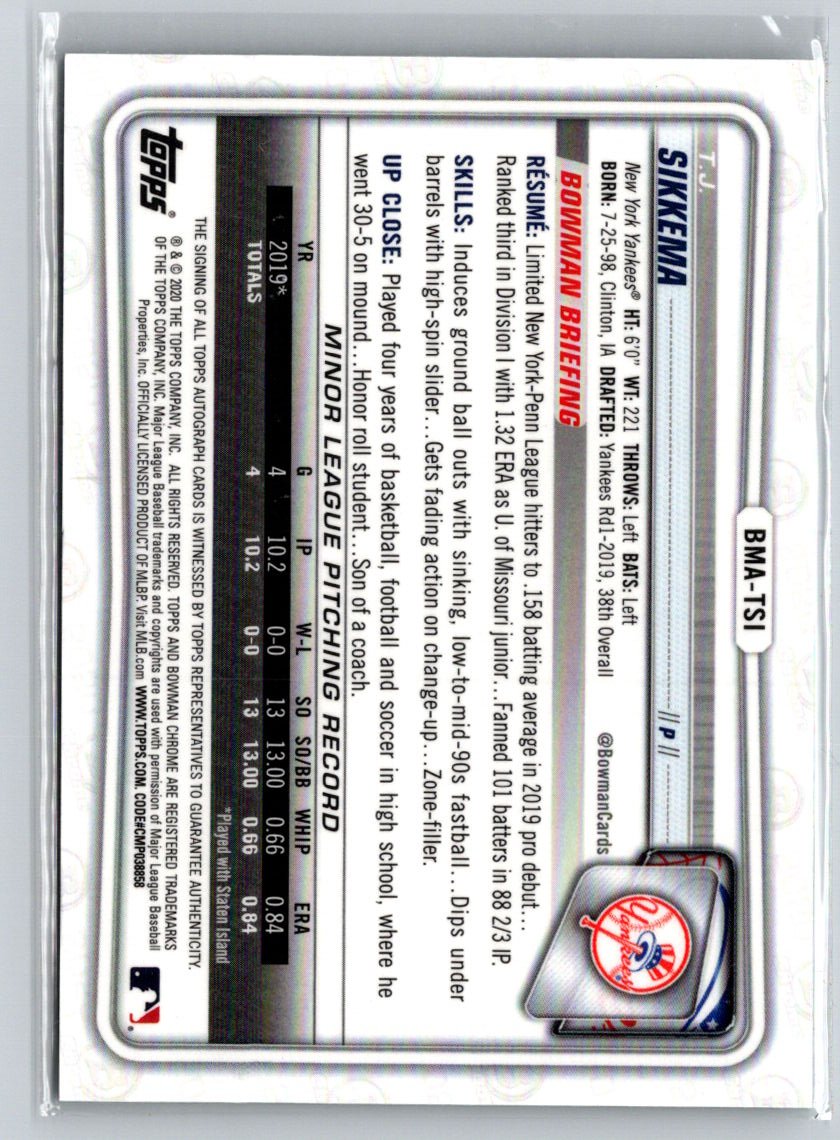 2020 Bowman #BMA-TSI T.J. Sikkema Chrome Prospect Autographs Mojo Refractor E15