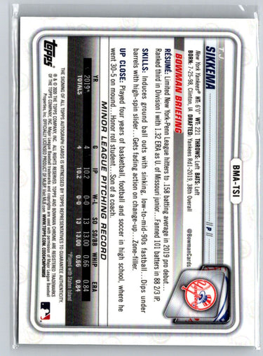 2020 Bowman #BMA-TSI T.J. Sikkema Chrome Prospect Autographs Mojo Refractor E15