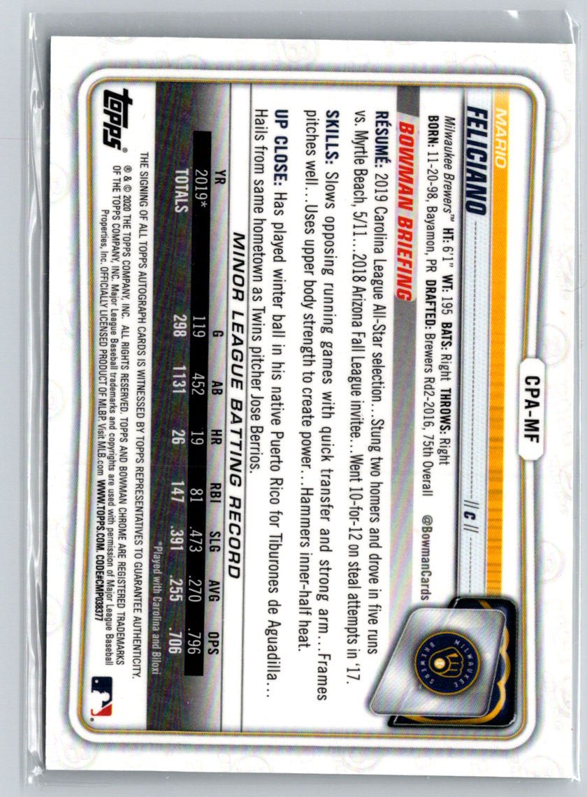 2020 Bowman #CPA-MF Mario Feliciano Chrome Prospect Autographs E15