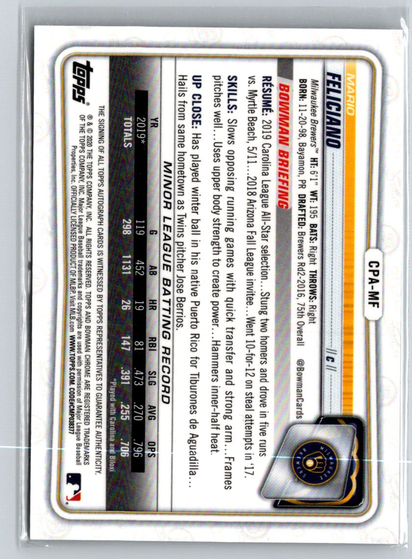 2020 Bowman #CPA-MF Mario Feliciano Chrome Prospect Autographs E16