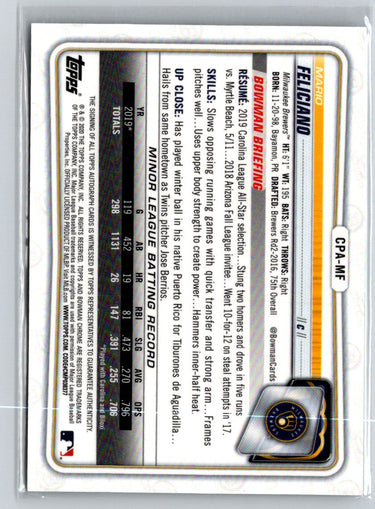 2020 Bowman #CPA-MF Mario Feliciano Chrome Prospect Autographs E16