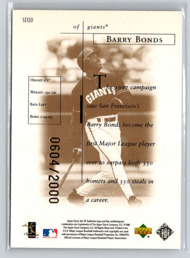1998 SP Authentic #SD20 Barry Bonds Sheer Dominance Gold #/2000 E15