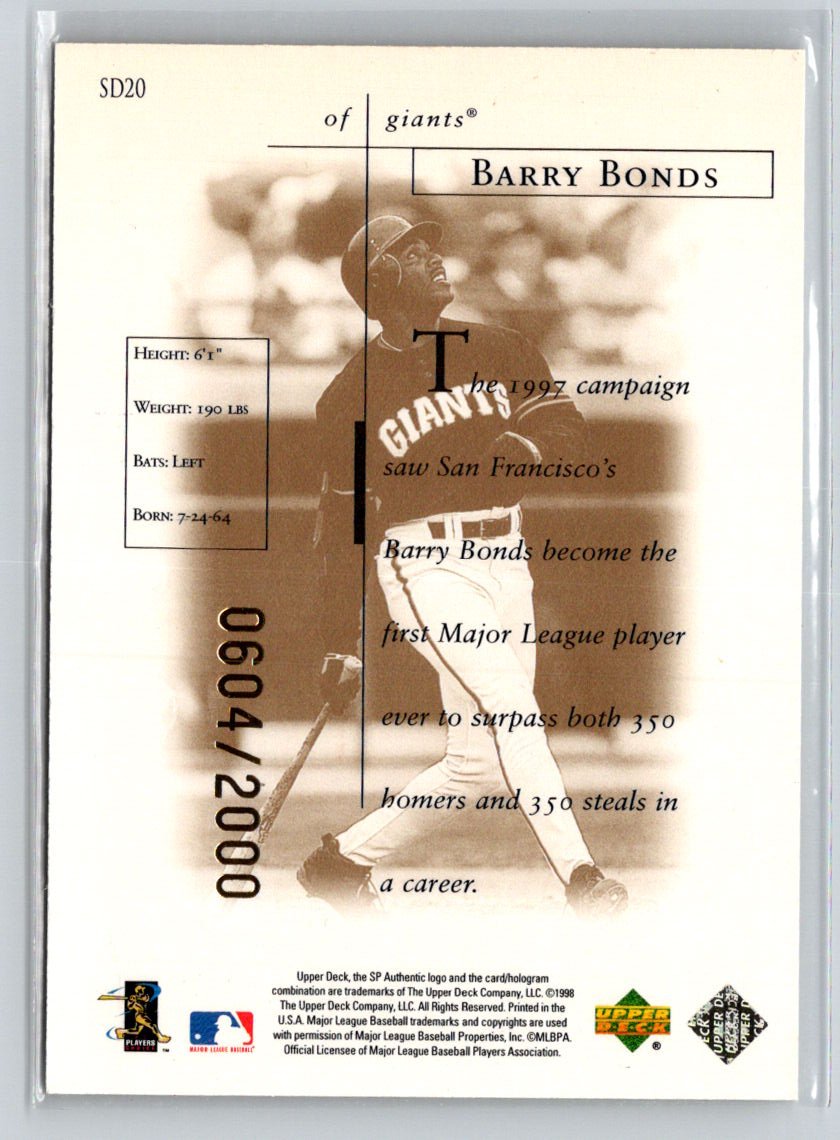 1998 SP Authentic #SD20 Barry Bonds Sheer Dominance Gold #/2000 E15