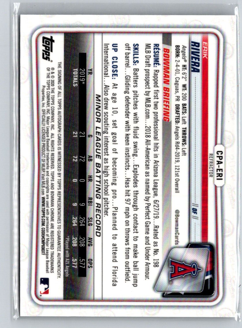 2020 Bowman #CPA-ERI Erik Rivera Chrome Prospect Autographs Refractor #/499 E16