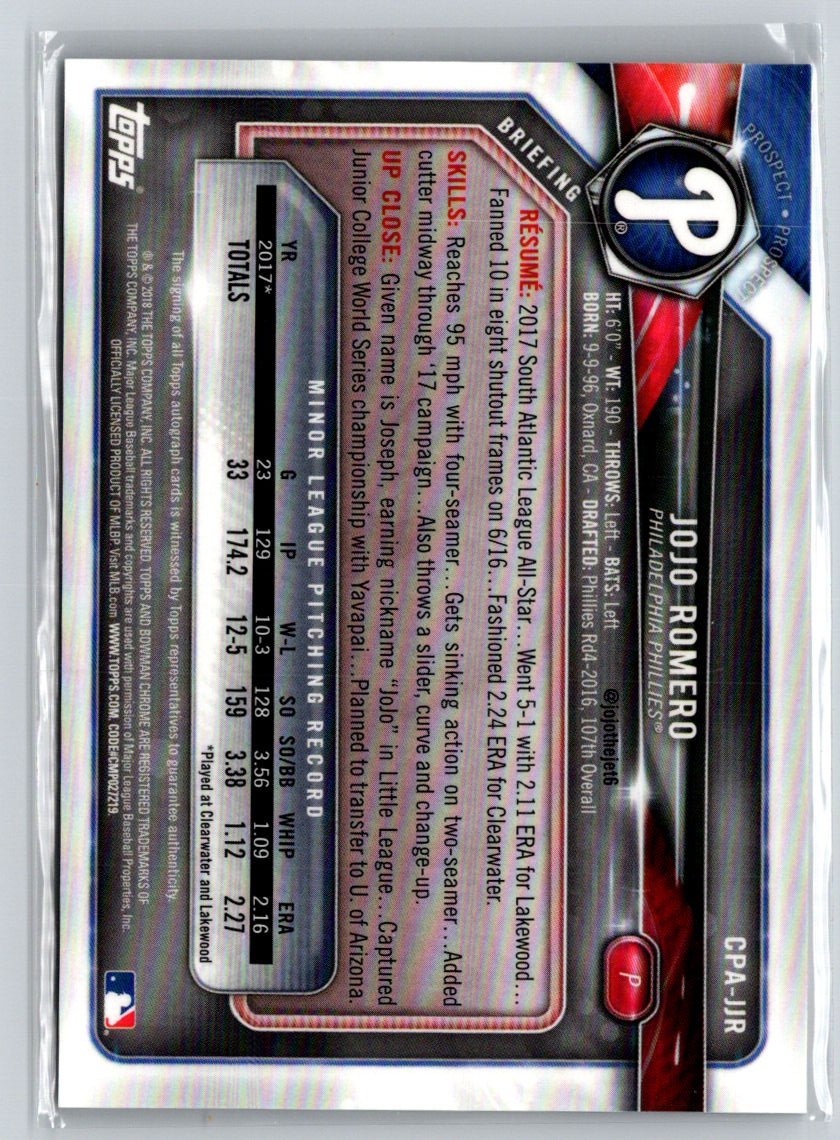 2018 Bowman #CPA-JJR JoJo Romero Chrome Prospect Autographs E17
