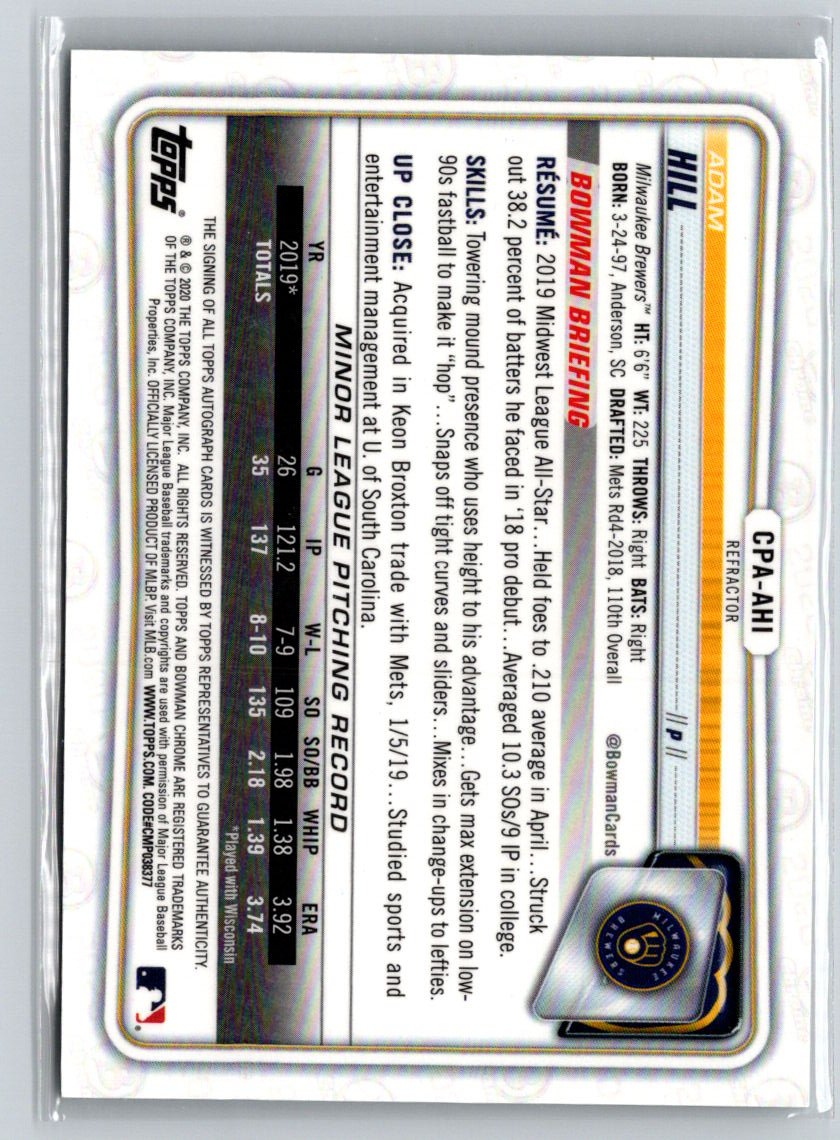 2020 Bowman #CPA-AHI Adam Hill Chrome Prospect Autographs Refractor #/499 E18