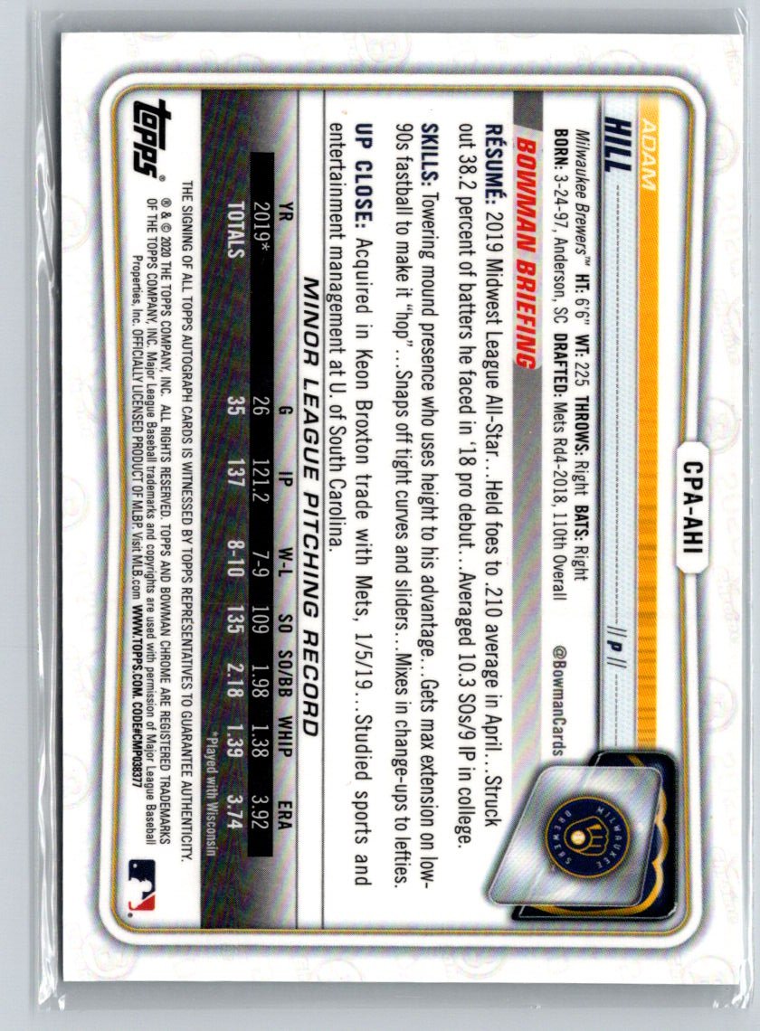 2020 Bowman #CPA-AHI Adam Hill Chrome Prospect Autographs E18
