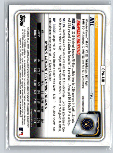 2020 Bowman #CPA-AHI Adam Hill Chrome Prospect Autographs E18