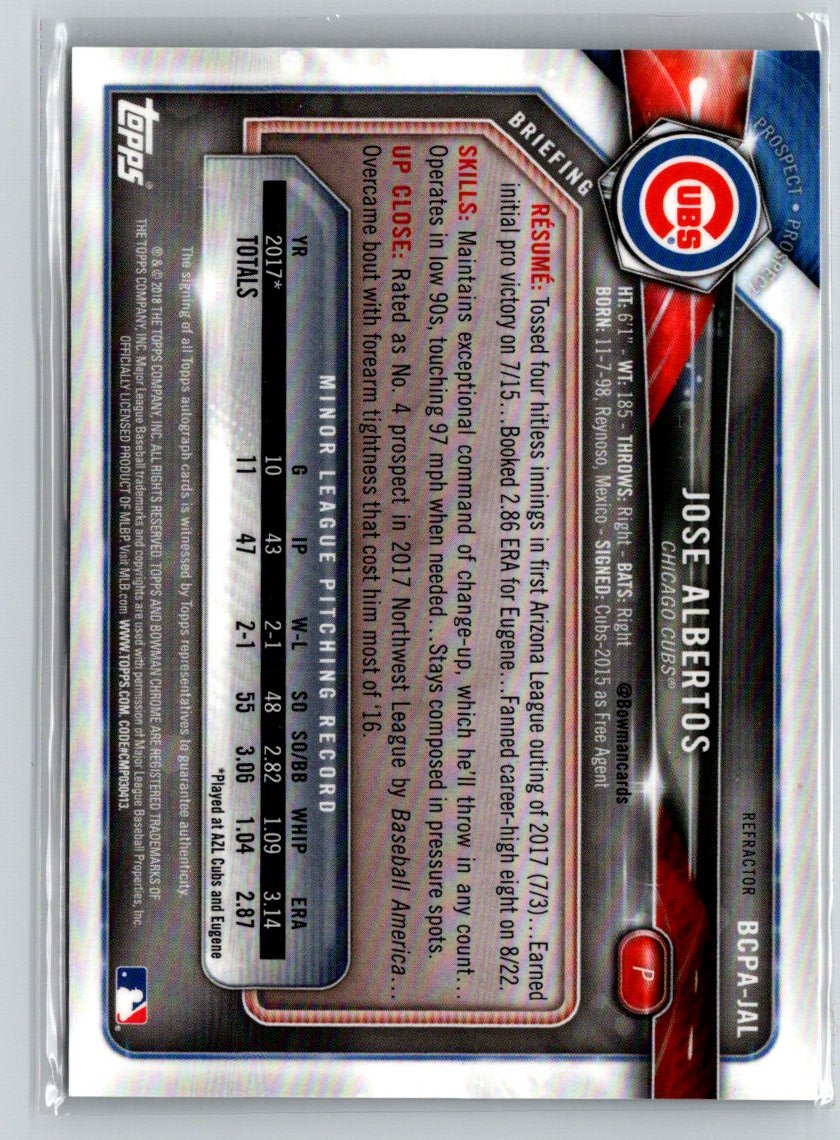 2018 Bowman Chrome #BCPA-JAL Jose Albertos Autographs Refractor #/499 E18