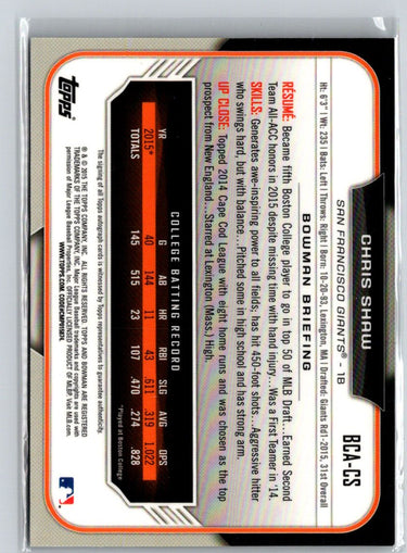 2015 Bowman Draft #BCA-CS Chris Shaw Chrome Draft Pick Autographs Refractors E19