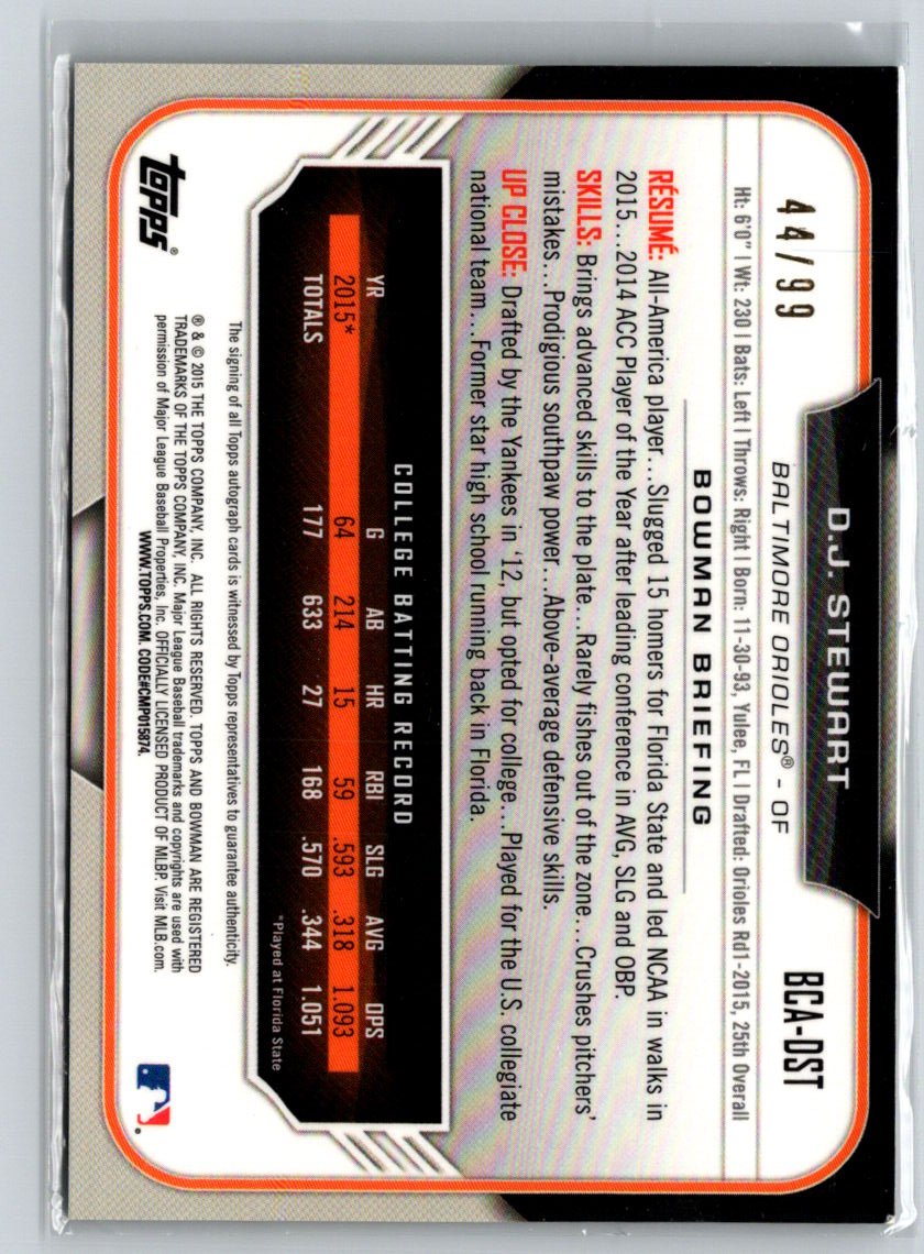 2015 Bowman Draft #BCA-DST D.J. Stewart Chrome Autog Green Refractors #/99 E19