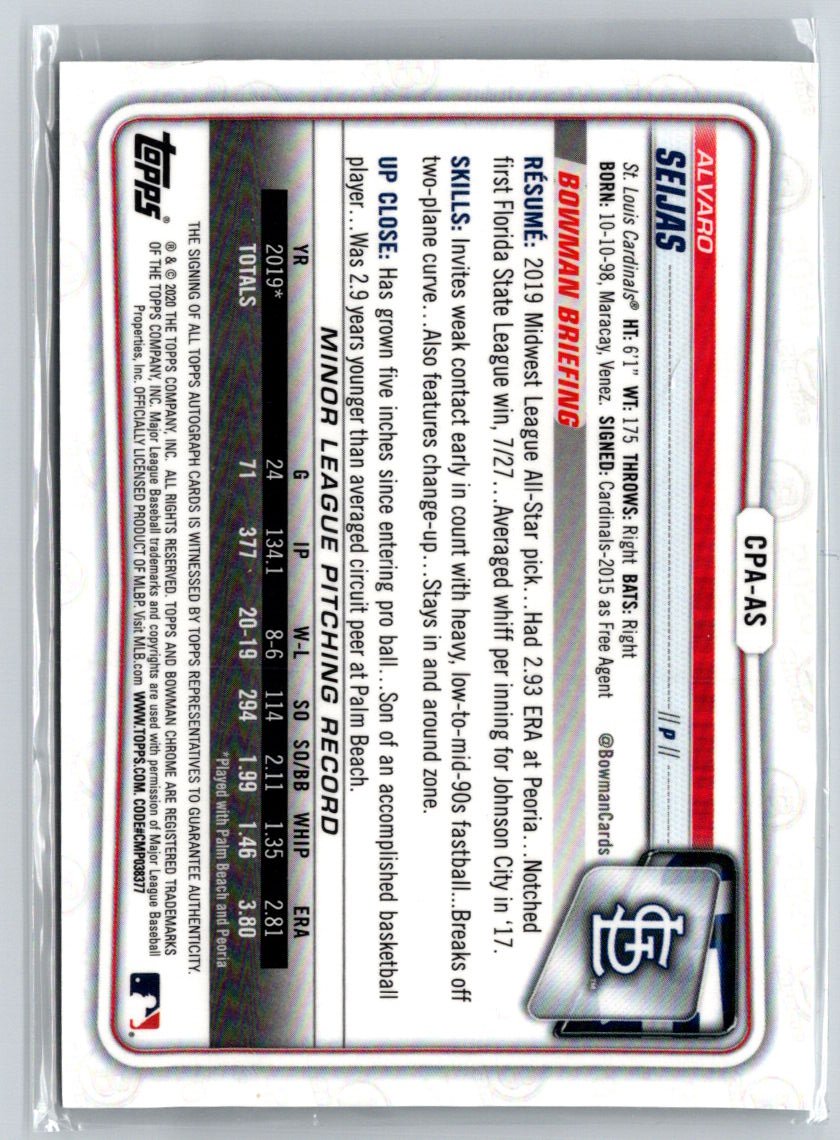 2020 Bowman #CPA-AS Alvaro Seijas Chrome Prospect Autographs E19