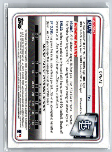 2020 Bowman #CPA-AS Alvaro Seijas Chrome Prospect Autographs E19