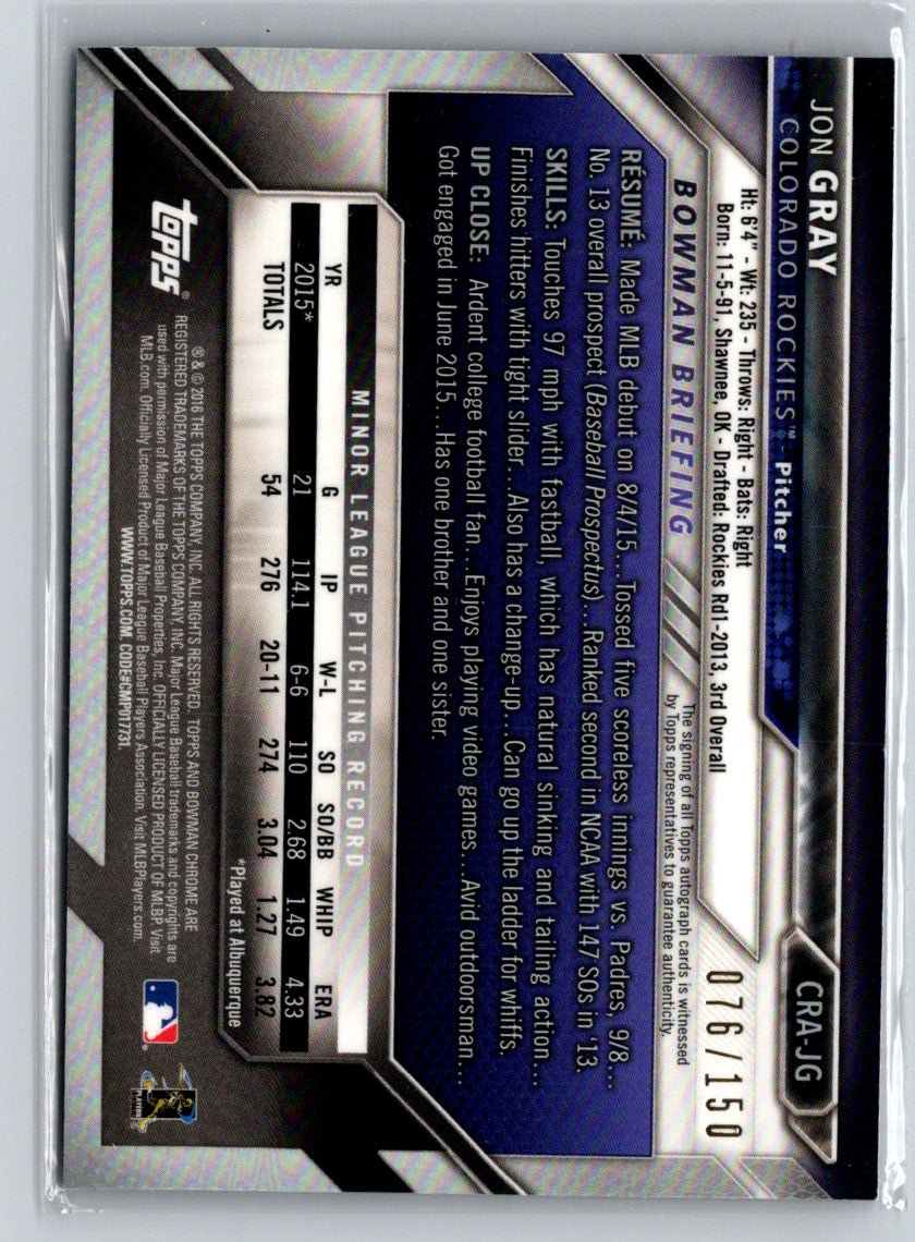 2016 Bowman #CRA-JG Jon Gray Chrome Rookie Autographs Blue Refractor #/150 E18