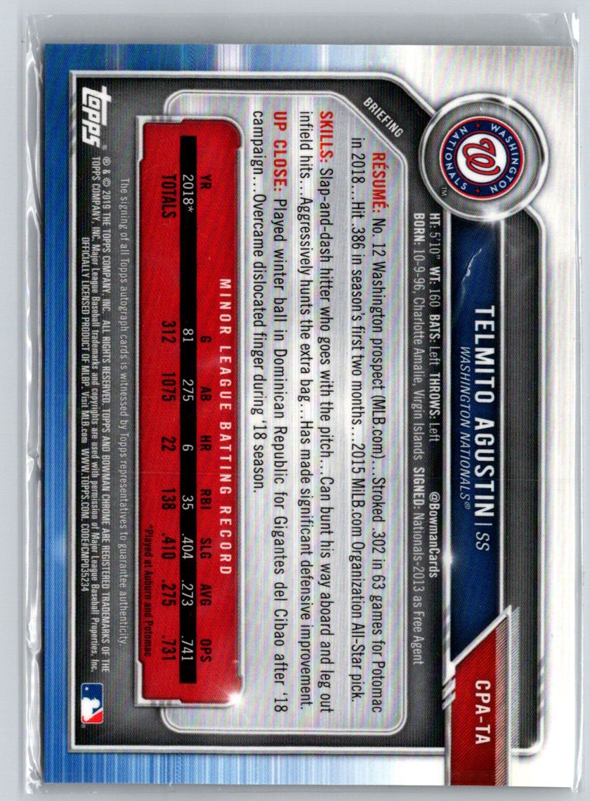 2019 Bowman #CPA-TA Telmito Agustin Chrome Prospect Autographs E19