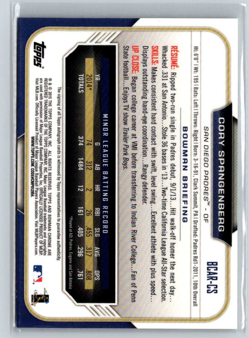 2015 Bowman #BCAR-CS Cory Spangenberg Chrome Rookie Autographs E18