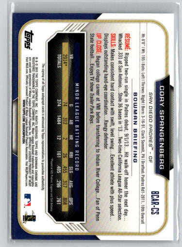 2015 Bowman #BCAR-CS Cory Spangenberg Chrome Rookie Autographs E18