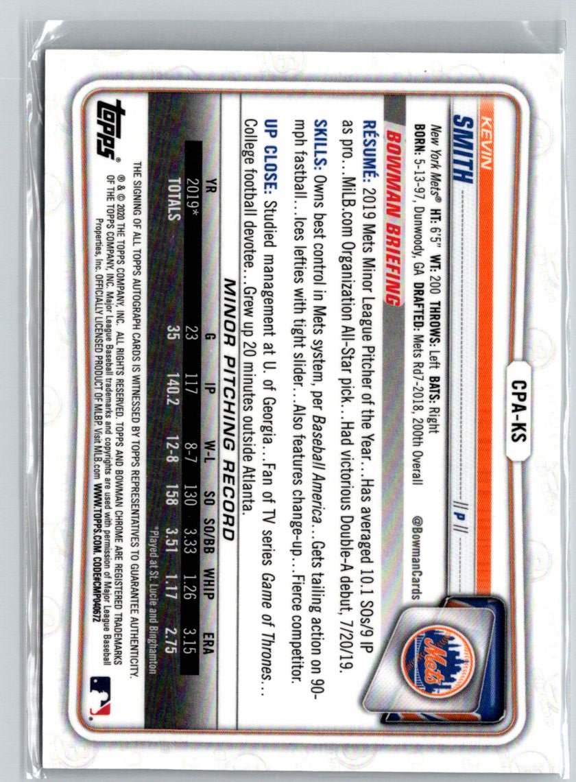 2020 Bowman Chrome #CPA-KS Kevin Smith Prospect Autographs E19