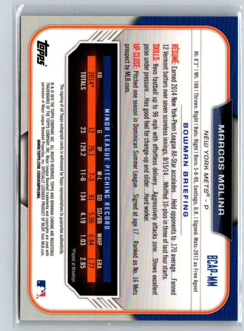 2015 Bowman #BCAP-MM Marcos Molina Chrome Prospect Autographs E19