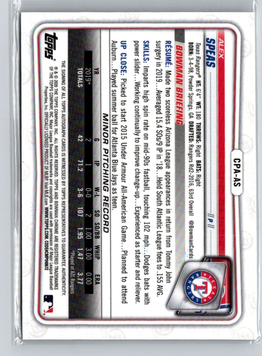 2020 Bowman Chrome #CPA-AS Alex Speas Prospect Autographs E18