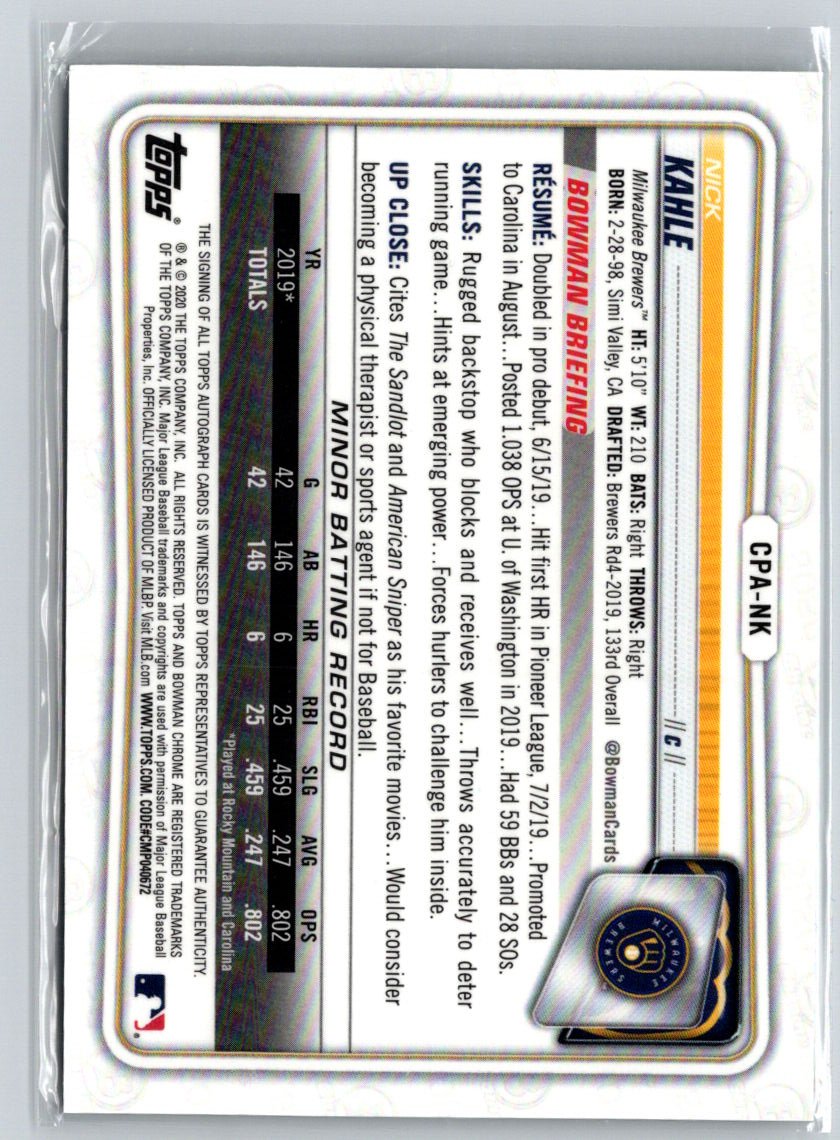 2020 Bowman Chrome #CPA-NK Nick Kahle Prospect Autographs E19