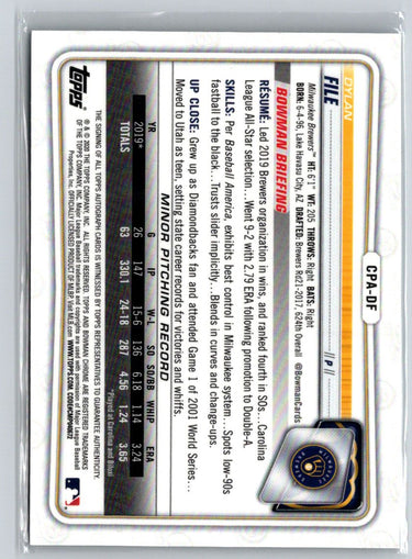 2020 Bowman Chrome #CPA-DF Dylan File Prospect Autographs E19