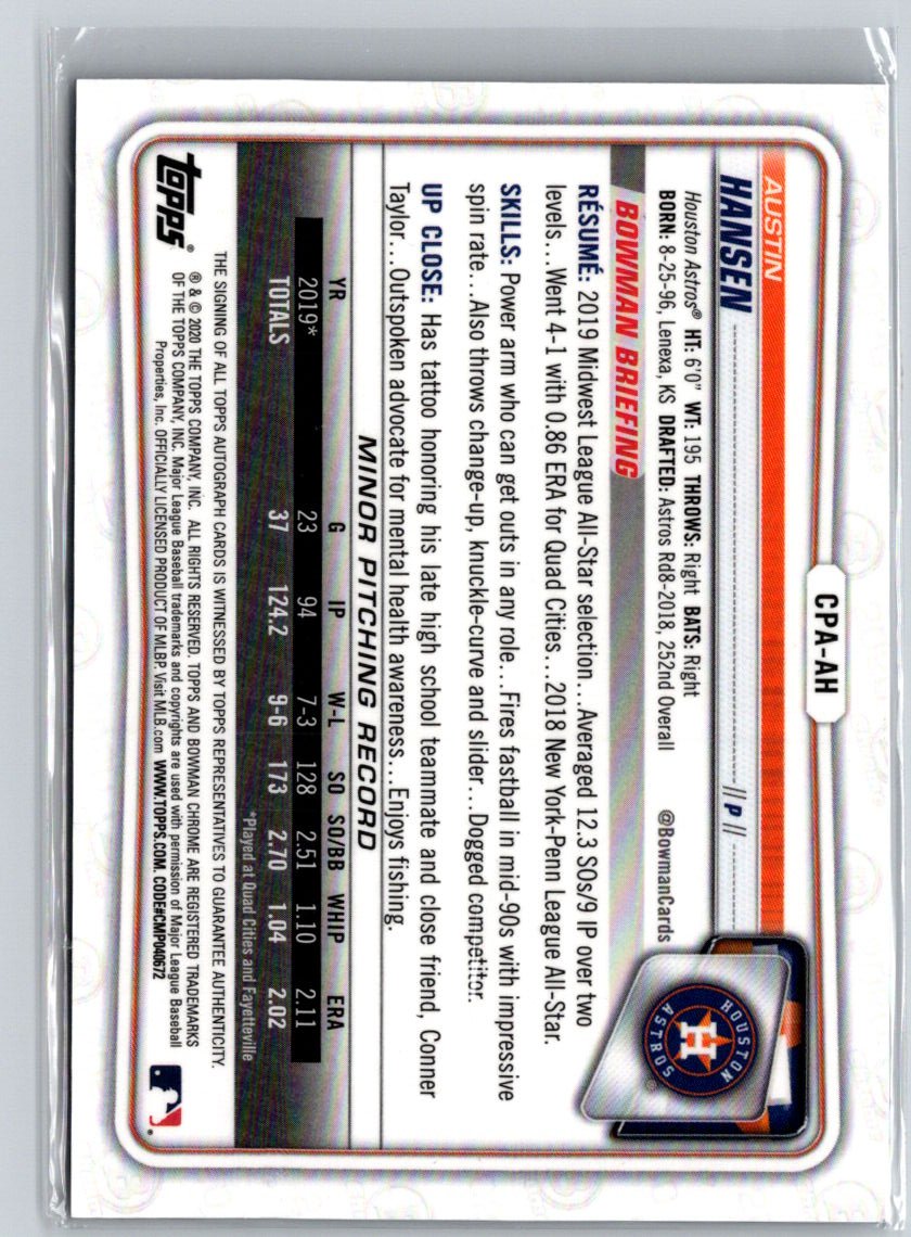 2020 Bowman Chrome #CPA-AH Austin Hansen Autographs Purple Refractor #/250 E19