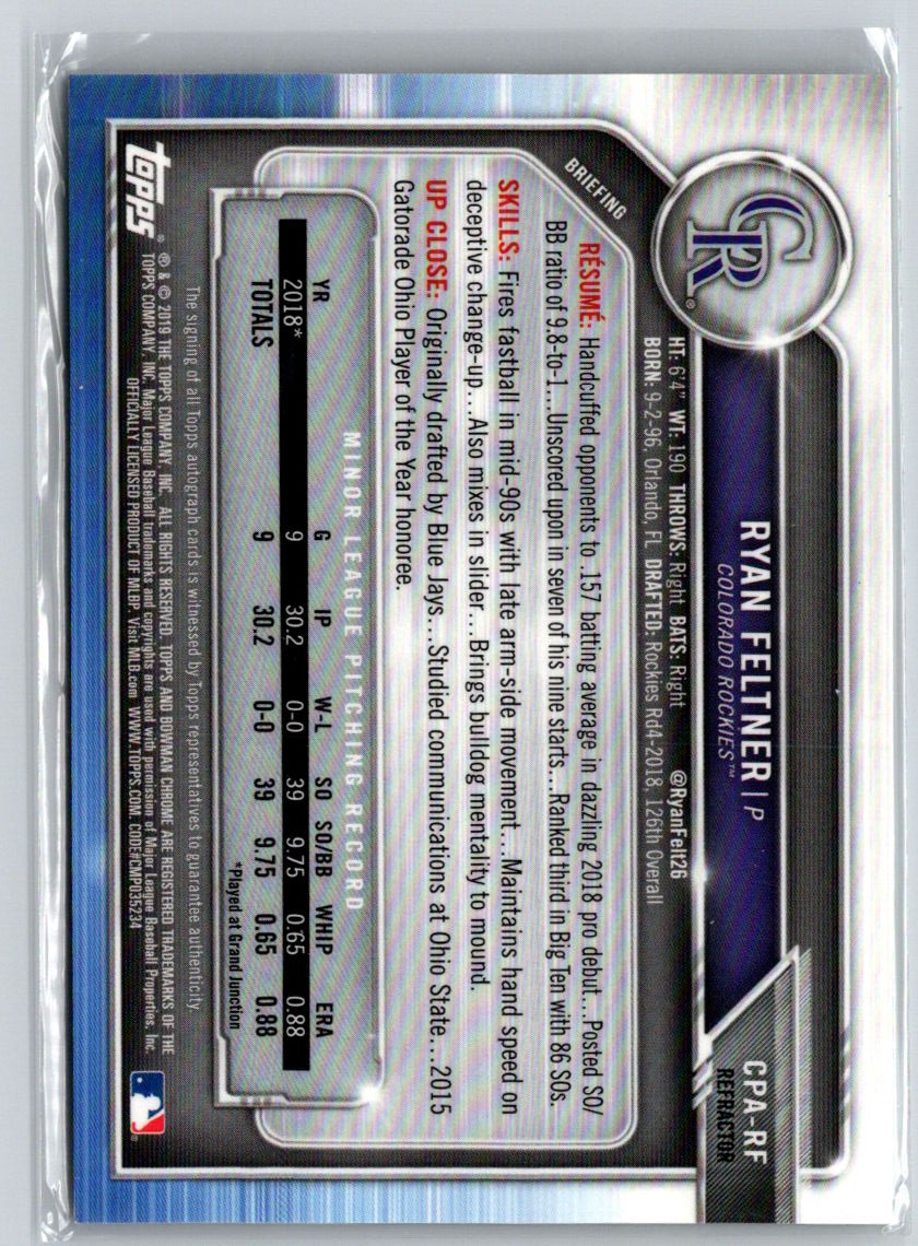 2019 Bowman Chrome #CPA-RF Ryan Feltner Prospects Autographs Refractor #/499 E19