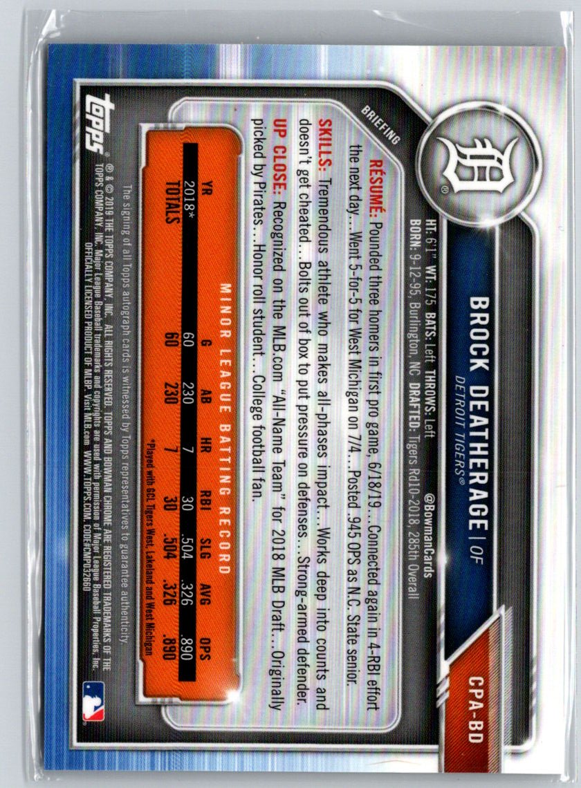 2019 Bowman #CPA-BD Brock Deatherage Chrome Prospect Autographs E19