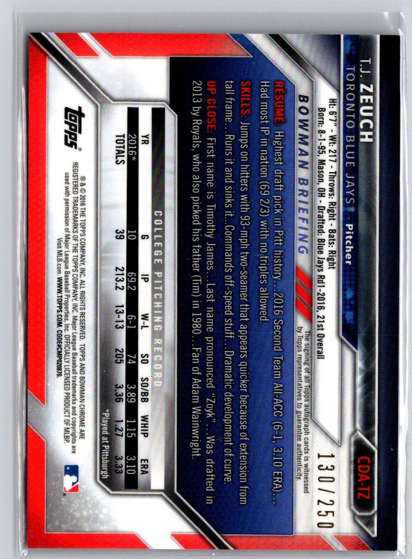 2016 Bowman Draft #CDA-TZ T.J. Zeuch Chrome Auto Purple Refractor #/250 E19